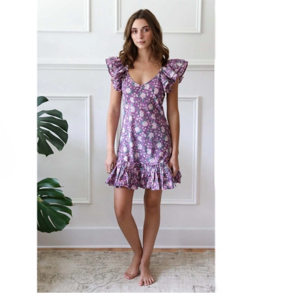 Millie Ruffled Mini‎ Dress Size XXS- Purple Pink Cotton- Vintage Floral
